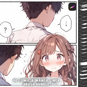 Può includere: Un'illustrazione digitale di una coppia in stile manga. La donna arrossisce e guarda in basso, mentre l'uomo la guarda con un'espressione interrogativa. L'immagine include il testo "40 Comic & Manga Liner Brush Bundle".