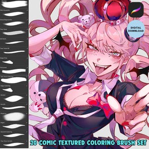 Könnte beinhalten: Ein Set mit 20 digitalen Comic-Textur-Malpinseln für die Verwendung in digitalen Kunstprogrammen. Die Pinsel werden auf einem weißen Hintergrund mit einem pinkfarbenen und schwarzen Anime-Charakter im Hintergrund angezeigt. Der Text "20 COMIC TEXTURED COLORING BRUSH SET" wird am unteren Rand des Bildes angezeigt.