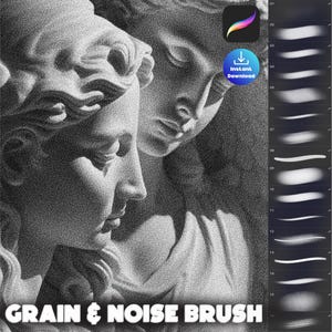 May include: Digital art product featuring a grayscale image of classical sculptures with a grainy texture. The image includes a Procreate app icon and a "Grain & Noise Brush" title, along with brush stroke samples and an "Instant Download" badge.