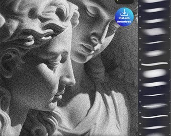 May include: Digital art product featuring a grayscale image of classical sculptures with a grainy texture. The image includes a Procreate app icon and a "Grain & Noise Brush" title, along with brush stroke samples and an "Instant Download" badge.