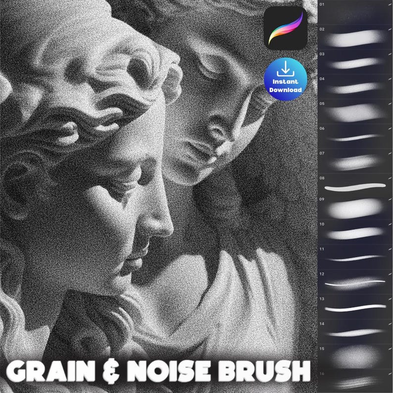 Pu&ograve; includere: Prodotto di arte digitale con immagine in scala di grigi di sculture classiche con texture granulosa. Include un'icona dell'app Procreate, esempi di tratti di pennello, il titolo "Grain & Noise Brush" e un badge "Download istantaneo".