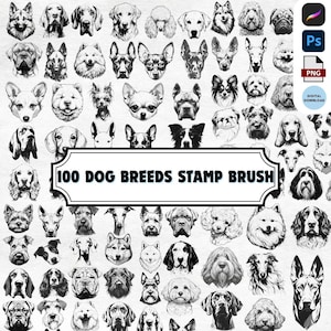 May include: A digital stamp brush set featuring 100 different dog breeds. Each breed is illustrated in black and white, with a simple, stylised design. The brush set is perfect for adding a touch of canine charm to your digital art projects.