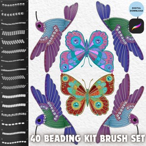 May include: Digital download of a Procreate brush set featuring 40 beading kit brushes. The image showcases colorful hummingbird and butterfly designs with intricate beadwork details. The text "40 BEADING KIT BRUSH SET" is displayed at the bottom.