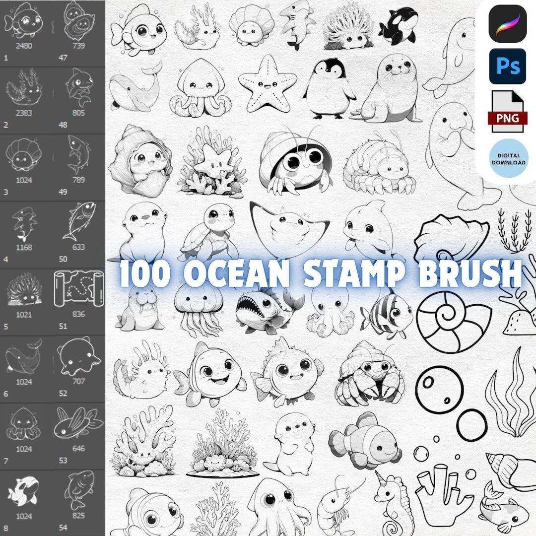 Ocean Animal Brush Stamp , Procreate Photoshop PNG Clipart 100 Sea ...