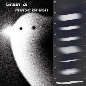 Pu&ograve; includere: Pennelli per arte digitale con effetti grana e rumore. L'immagine presenta una forma di uccello stilizzata con una texture granulosa e il testo "Grain & Noise Brush". Otto esempi di tratti di pennello sono visualizzati a destra, mostrando diverse texture.