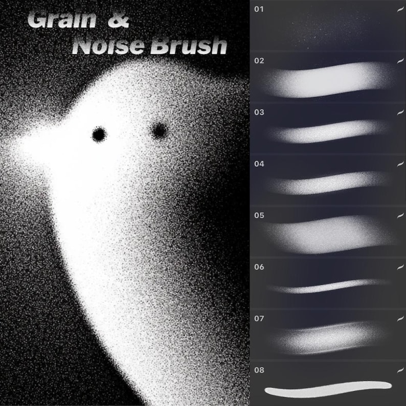 Pu&ograve; includere: Pennelli per arte digitale con effetti grana e rumore. L'immagine presenta una forma di uccello stilizzata con una texture granulosa e il testo "Grain & Noise Brush". Otto esempi di tratti di pennello sono visualizzati a destra, mostrando diverse texture.