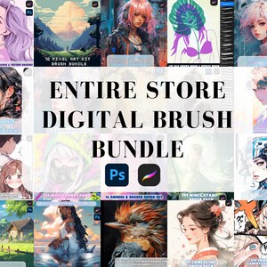 May include: A collage of digital brush sets for Adobe Photoshop. The image features a variety of brush styles, including pixel art, copic marker, graffiti, wings, and more. The text "Entire Store Digital Brush Bundle" is displayed in large, bold letters.