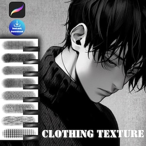 Peut inclure: Illustration numérique en noir et blanc d'une personne aux cheveux noirs et portant un pull sombre. L'image comprend un ensemble de pinceaux numériques avec diverses textures et le texte "CLOTHING TEXTURE".