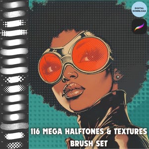 May include: Digital download graphic featuring a woman with orange-tinted goggles and a black leather jacket. The image includes a brush set with 16 halftone and texture options, with the text "116 MEGA HALFTONES & TEXTURES BRUSH SET".