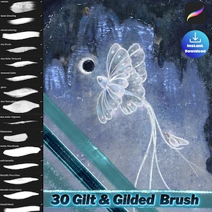 May include: Digital art illustration featuring a glowing butterfly with intricate details and a long, flowing tail. The image has a blue and teal color scheme with the text "30 Gilt & Gilded Brush" at the bottom, and a list of brush types on the left.