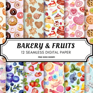 Panadería de patrones sin fisuras y frutas en estilo acuarela, patrón de repetición sin costuras, fondos de panadería de pastelería afrutada, papel digital imprimible