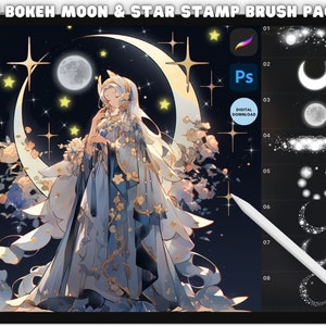 Celestial Stamp Brush Bundle - Procreate & Photoshop Bokeh Stars Moon Digital Download Set