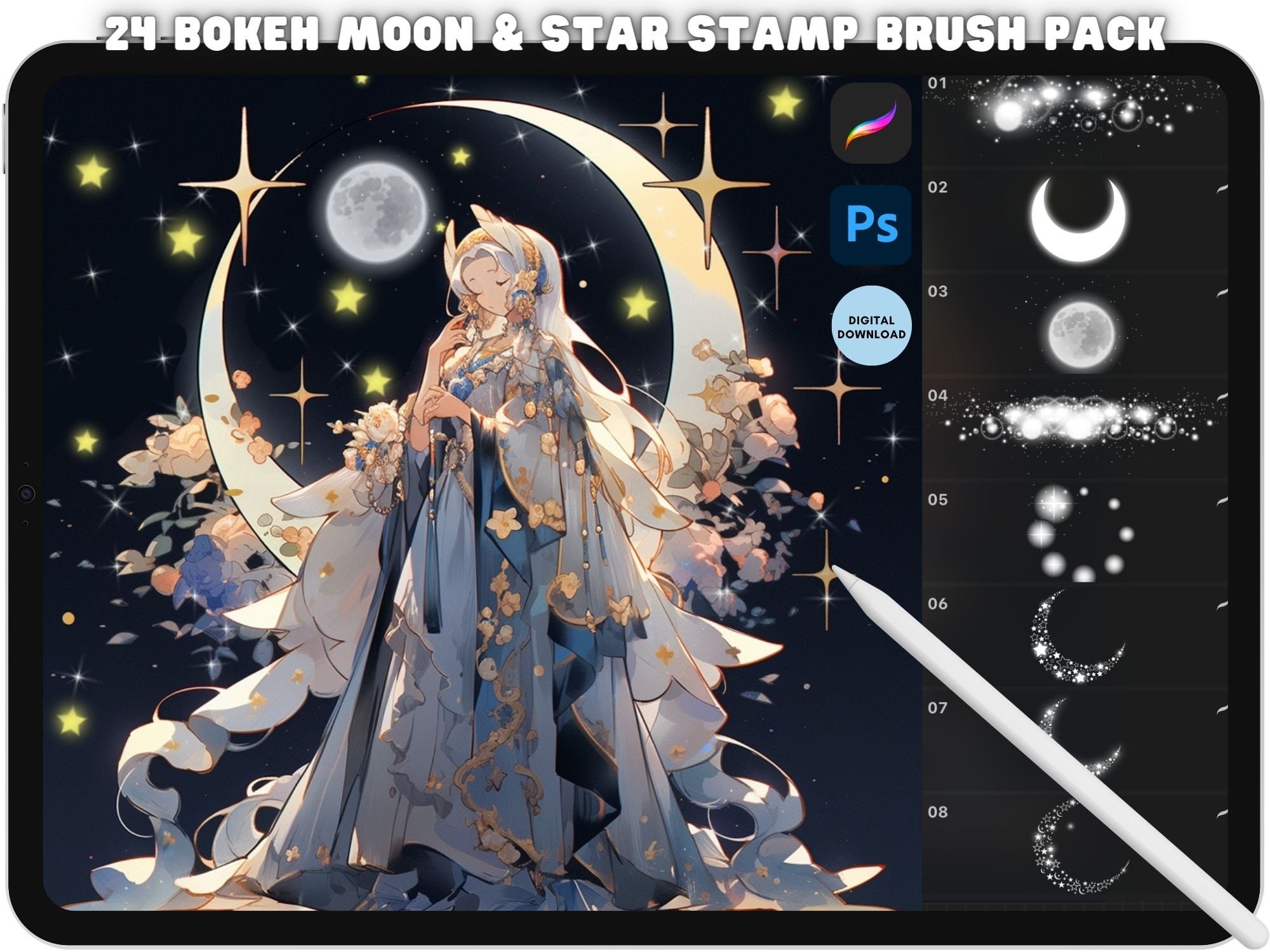 Celestial Stamp Brush Bundle - Procreate & Photoshop Bokeh Stars Moon ...