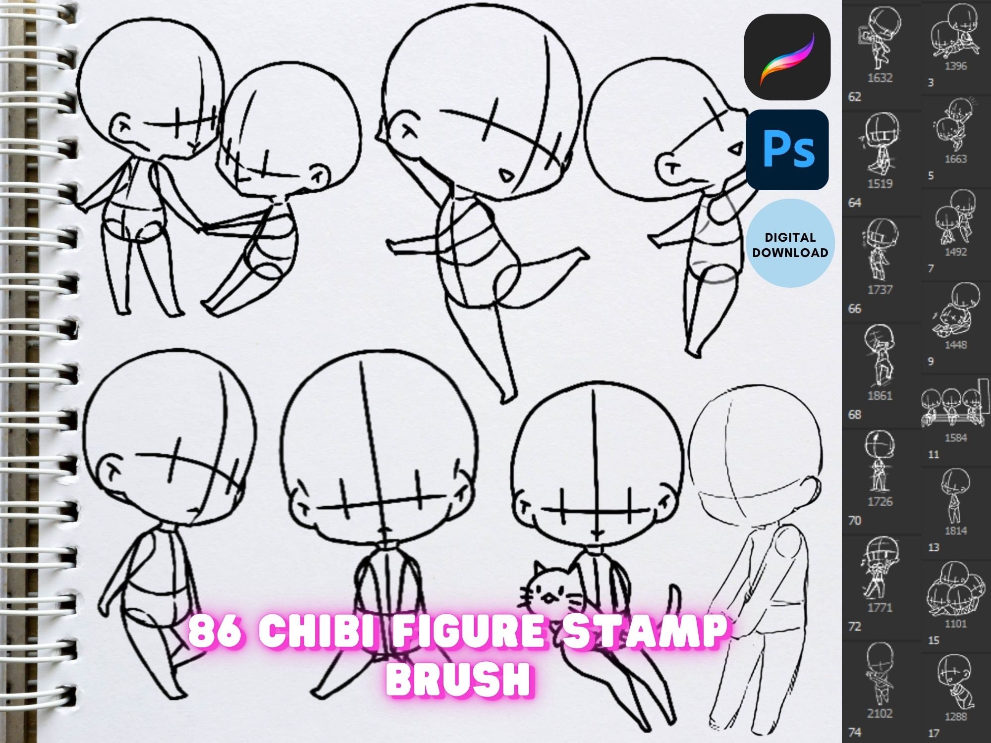Pack de sellos de pinceles de poses de figuras Chibi Kawaii para Procreate y Photoshop — 86 pinceles de personajes manga, descarga instantánea