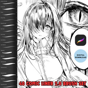 Puede incluir: Una descarga digital de 40 pinceles Comic Liner 2.0 para Procreate. La imagen muestra una ilustración en blanco y negro de una mujer con el pelo largo y un ojo grande en el fondo. El texto "40 Comic Liner 2.0 Brush Set" está en la parte inferior de la imagen.