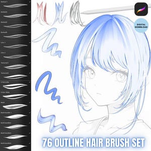 May include: Digital download graphic featuring a 76 outline hair brush set. The image includes examples of brush strokes, a stylized anime character with blue hair, and the text "76 OUTLINE HAIR BRUSH SET". A digital download icon is in the upper right corner.
