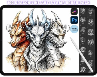 May include: A digital illustration of three dragons with different colored scales. The dragons are drawn in a line art style. The image is a preview of a digital stamp brush pack for Adobe Photoshop. The text "100 DRAGON LINE ART STAMP BRUSH PACK" is at the top of the image. The text "DIGITAL DOWNLOAD" is in a blue circle in the lower right corner of the image.