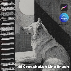 Peut inclure: Illustration numérique en style hachuré, représentant un chien blanc et une pleine lune. L'image présente 49 pinceaux de lignes hachurées et le texte "Instant Download".