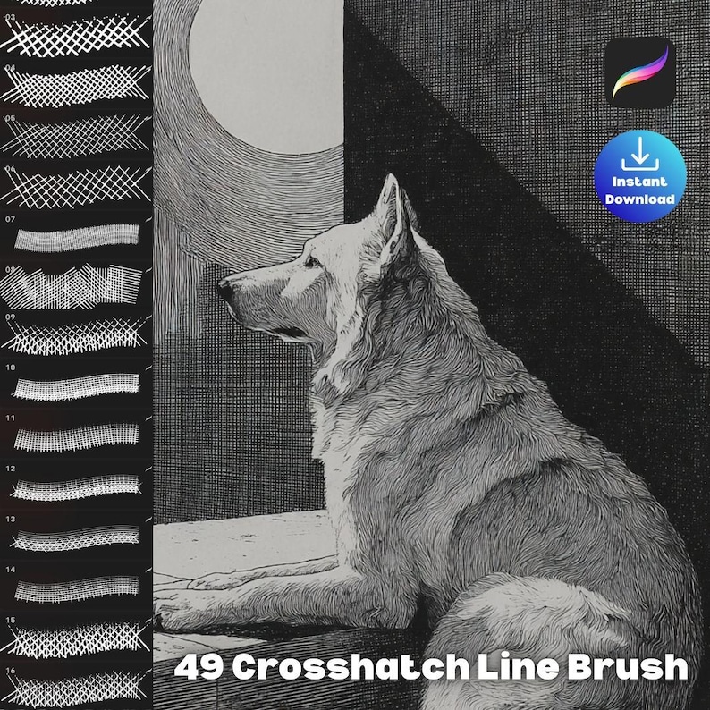 Puede incluir: Ilustraci&oacute;n digital en estilo de trama cruzada, que representa un perro blanco y una luna llena. La imagen incluye 49 pinceles de l&iacute;nea de trama cruzada y el texto "Instant Download".