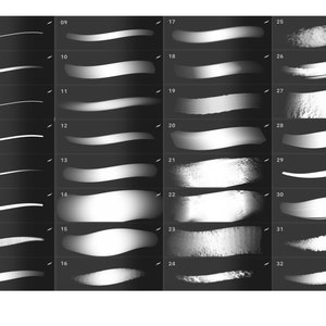 Pu&ograve; includere: Un set di 32 diverse pennellate, ognuna con una texture e una forma uniche. Le pennellate sono tutte in tonalit&agrave; di grigio e sono disposte in una griglia. Le pennellate sono perfette per creare una variet&agrave; di effetti nell'arte digitale.