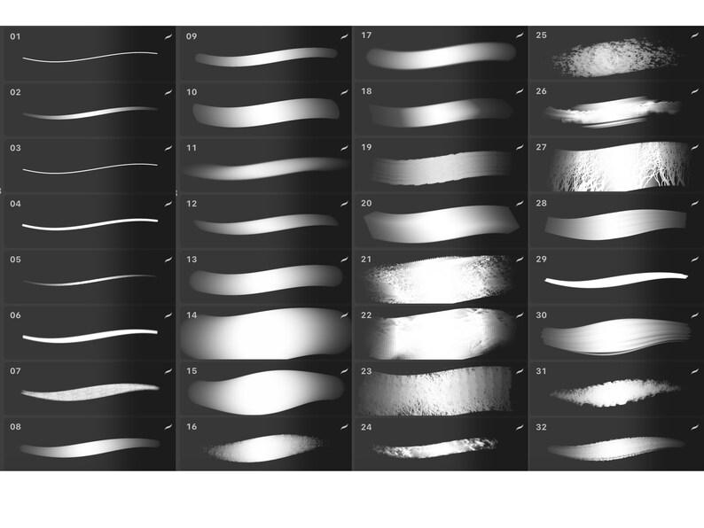 Pu&ograve; includere: Un set di 32 diverse pennellate, ognuna con una texture e una forma uniche. Le pennellate sono tutte in tonalit&agrave; di grigio e sono disposte in una griglia. Le pennellate sono perfette per creare una variet&agrave; di effetti nell'arte digitale.