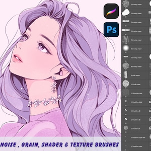 May include: 75 soft noise, grain, shader & texture brushes for Adobe Photoshop and Procreate. The brushes are displayed in a grid with a preview of each brush effect. The image also includes a purple haired anime girl with a flower necklace.