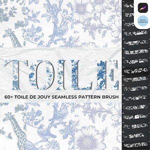 May include: A digital download of 60+ Toile de Jouy seamless pattern brushes. The brushes feature a variety of floral and animal designs in a blue and white color scheme. The brushes are perfect for creating unique and stylish designs for your projects.
