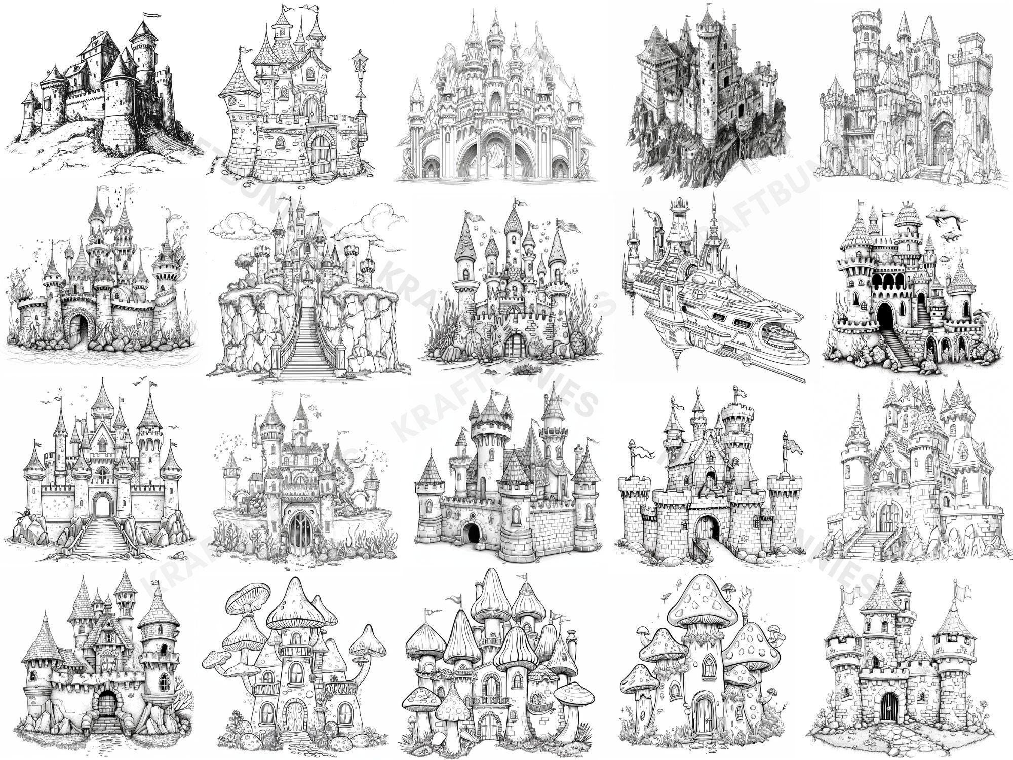 Procreate Photoshop 100 Castle Line Art Stamp Bundle Pack Medieval ...