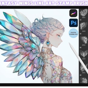 May include: A digital illustration of a woman with crystal wings. The image is on a tablet screen with a stylus. The screen also shows a preview of 100 fantasy wings line art stamp brush pack for Procreate and Photoshop. The text "DIGITAL DOWNLOAD" is visible on the screen.