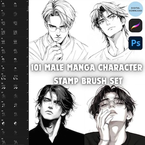 Voortplanten Photoshop Man Anime Manga Karakter Stempel Borstel Set, Knappe Man Line Art Postzegels Voor Anime Cartoon Manga, Referentie, Kleuring