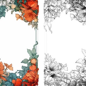 Op de afbeelding: Een bloemenframe met oranje en blauwe bloemen. Het frame is op een witte achtergrond en heeft een lege ruimte in het midden.
