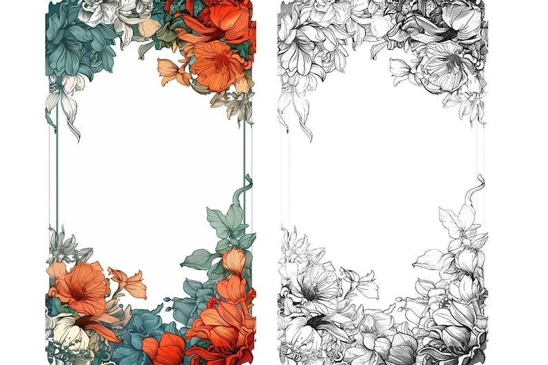 Op de afbeelding: Een bloemenframe met oranje en blauwe bloemen. Het frame is op een witte achtergrond en heeft een lege ruimte in het midden.