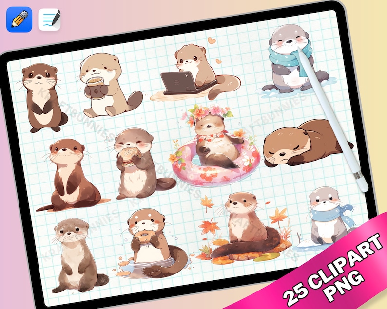 Cute Kawaii Baby Otter Emoji Clipart Watercolor Pastel PNG Digital