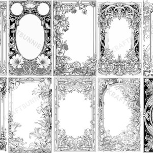 Op de afbeelding: Set van tien zwart-witte vintage bloemframes om te printen. Elk frame heeft een ander versierd ontwerp met bloemmotieven. De frames zijn perfect om een ​​toets van elegantie aan je projecten toe te voegen.