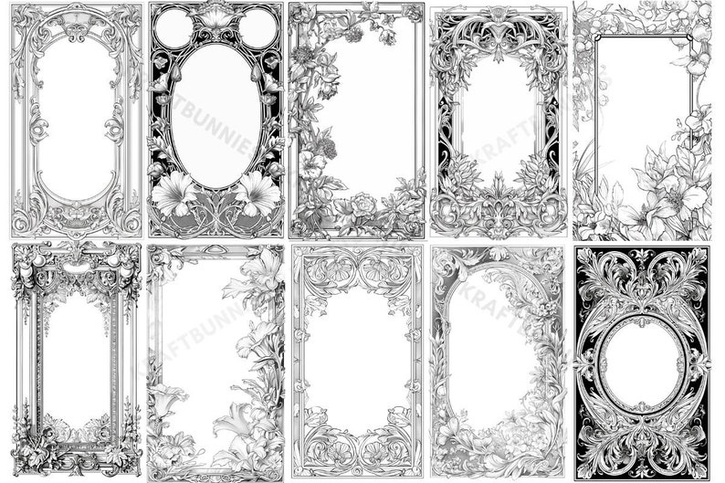 Op de afbeelding: Set van tien zwart-witte vintage bloemframes om te printen. Elk frame heeft een ander versierd ontwerp met bloemmotieven. De frames zijn perfect om een ​​toets van elegantie aan je projecten toe te voegen.