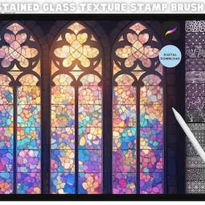 May include: A digital download of 100 stained glass texture stamp brushes. The image shows a colorful stained glass window on a tablet screen with a stylus next to it. The brushes are displayed on the right side of the screen.