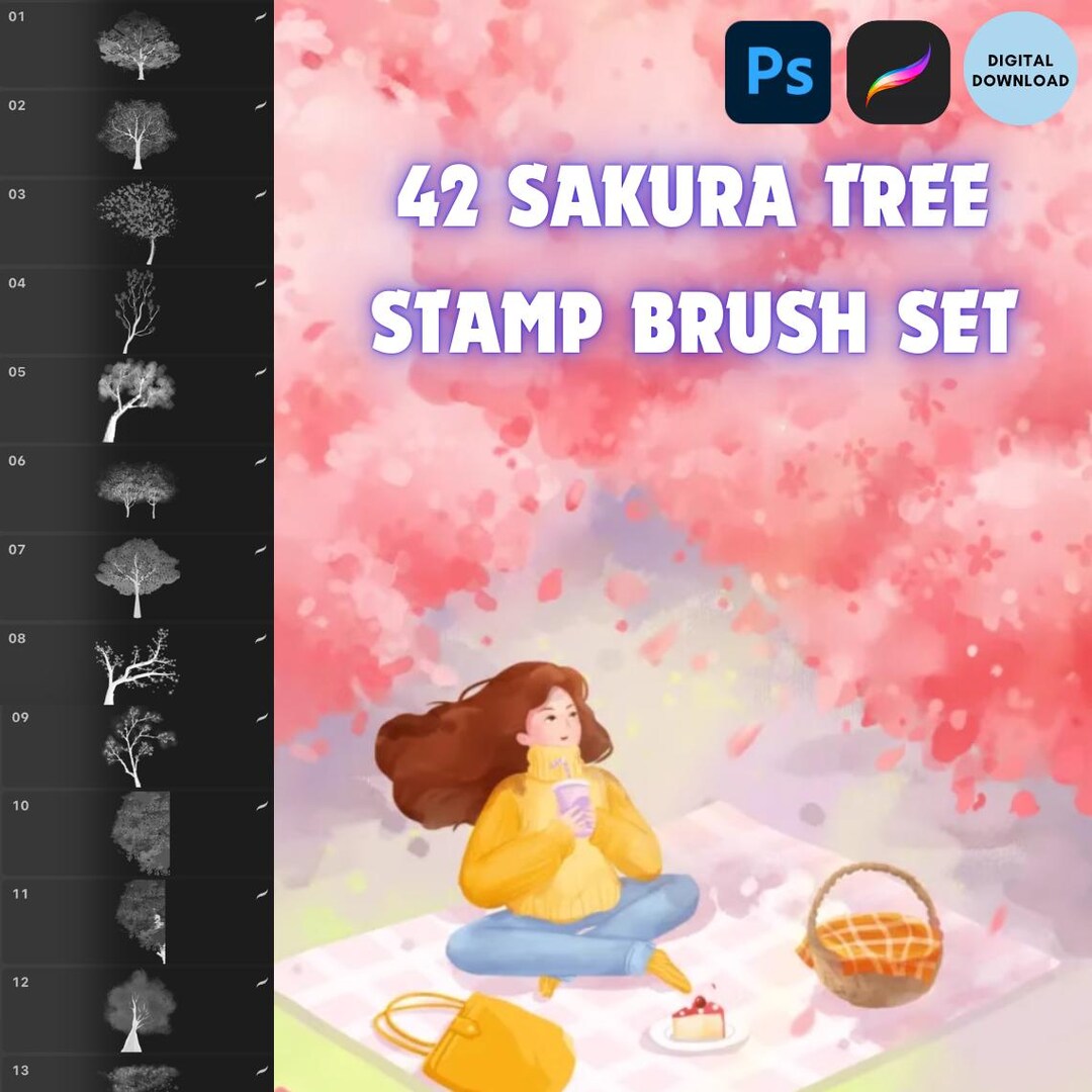 Sakura Cherry Blossom Tree Flower Stamp Brush Bundle , Procreate ...