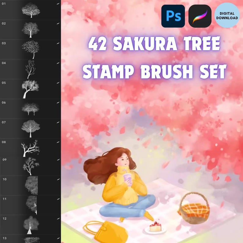 Sakura Cherry Blossom Tree Flower Stamp Brush Bundle , Procreate ...