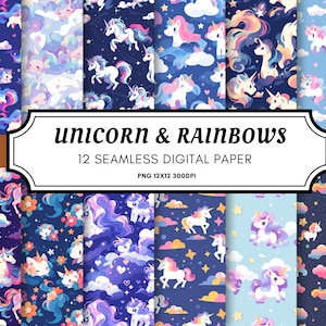 Seamless Pattern Kawaii Unicorn Rainbow Seamless Repeat Pattern unicorns cloudy sky  Backgrounds, Printable Digital Paper