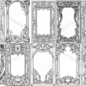 Op de afbeelding: Een set van tien zwart-witte sierlijke frames met ingewikkelde bloemmotieven. De frames zijn allemaal in verschillende vormen en maten, maar ze hebben allemaal een vergelijkbare stijl.