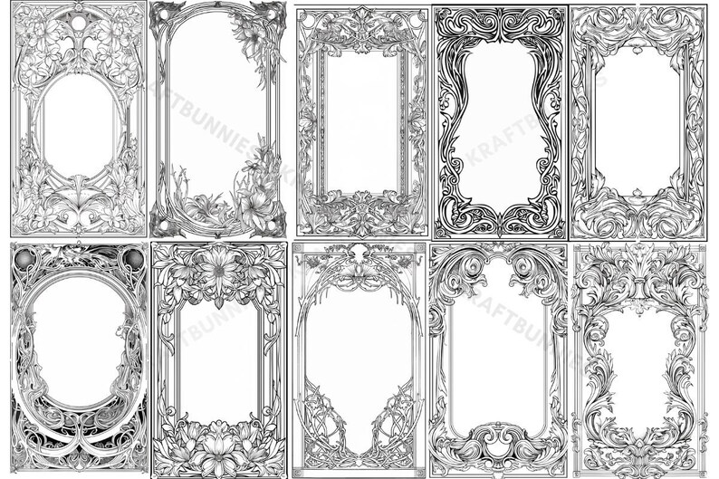 Op de afbeelding: Een set van tien zwart-witte sierlijke frames met ingewikkelde bloemmotieven. De frames zijn allemaal in verschillende vormen en maten, maar ze hebben allemaal een vergelijkbare stijl.