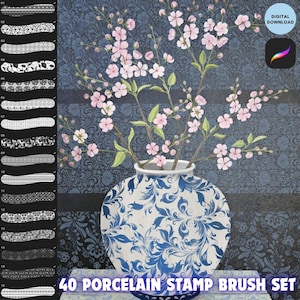 Puede incluir: Descarga digital con un jarrón de porcelana azul y blanco con ramas de flores rosas. El jarrón tiene un diseño floral azul detallado. La imagen incluye un conjunto de 16 pinceles de sello y el texto "40 PORCELAIN STAMP BRUSH SET".