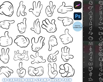 Op de afbeelding: Een set van 60 cartoon hand stempel kwasten voor digitaal ontwerp. De kwasten zijn zwart-wit en bevatten een verscheidenheid aan handgebaren, waaronder wijzen, zwaaien en een hartvorm maken. De kwasten zijn perfect om een leuke en speelse touch aan je ontwerpen toe te voegen.