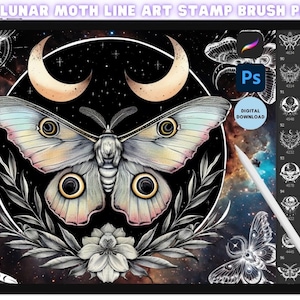May include: A digital illustration of a moth with large, iridescent wings set against a dark, starry background. The moth is surrounded by a wreath of leaves and flowers. The image is part of a set of 100 digital stamp brushes for use in Adobe Photoshop.