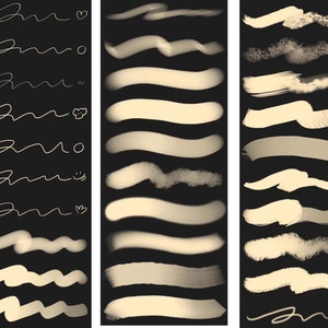 Pu&ograve; includere: Un set di 30 pennellate digitali in vari stili e dimensioni. I pennelli sono in tonalit&agrave; beige e bianco su uno sfondo nero.
