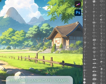 Dynamic Anime Landscape Stamp Brush Set for Procreate and Photoshop - Illustration and Coloring Preset Digital Bundle Pack