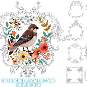 May include: A set of 20 digital stamp brushes featuring intricate baroque frames. The frames are in black and white and are perfect for adding a touch of elegance to your designs. The image also includes a decorative frame with a bird and flowers.