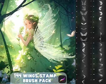 Könnte beinhalten: Eine digitale Illustration einer Fee mit grünen Flügeln und einem grünen Kleid, die in einem Wald steht. Das Bild enthält einen Textüberlagerung, der "44 Wings Stamp Brush Pack" lautet.