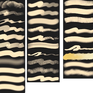 Pu&ograve; includere: Un set di 30 pennellate digitali in varie forme e dimensioni, tra cui linee, vortici e schizzi. I pennelli sono di colore beige chiaro e sono visualizzati su uno sfondo nero.