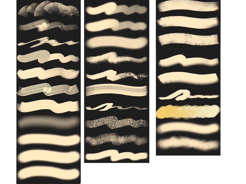 Pu&ograve; includere: Un set di 30 pennellate digitali in varie forme e dimensioni, tra cui linee, vortici e schizzi. I pennelli sono di colore beige chiaro e sono visualizzati su uno sfondo nero.